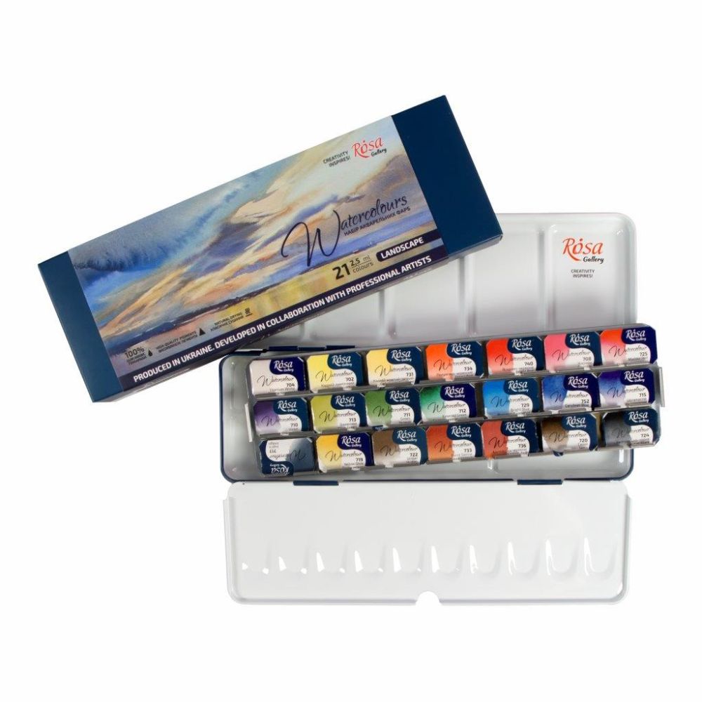 Rosa Watercolour Paints Landscape 21 Asst. Colours Full Pans Indigo Case