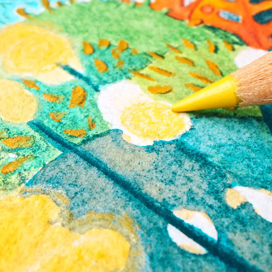 Close up of a yellow pencil making marks on waterc