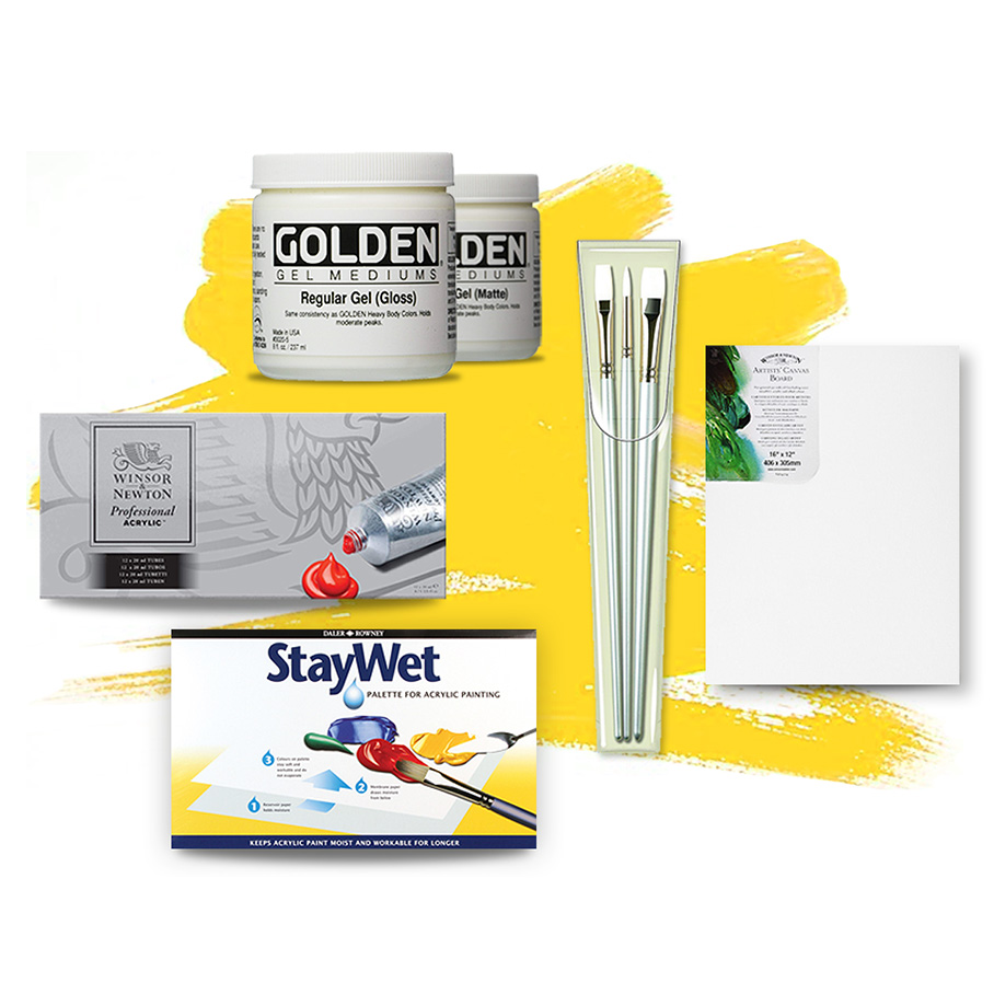 A selection of products scattered over an art wash