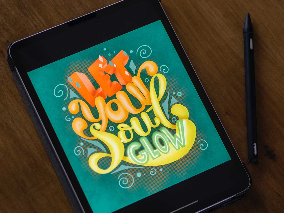A tablet showing digital colourful artwork created